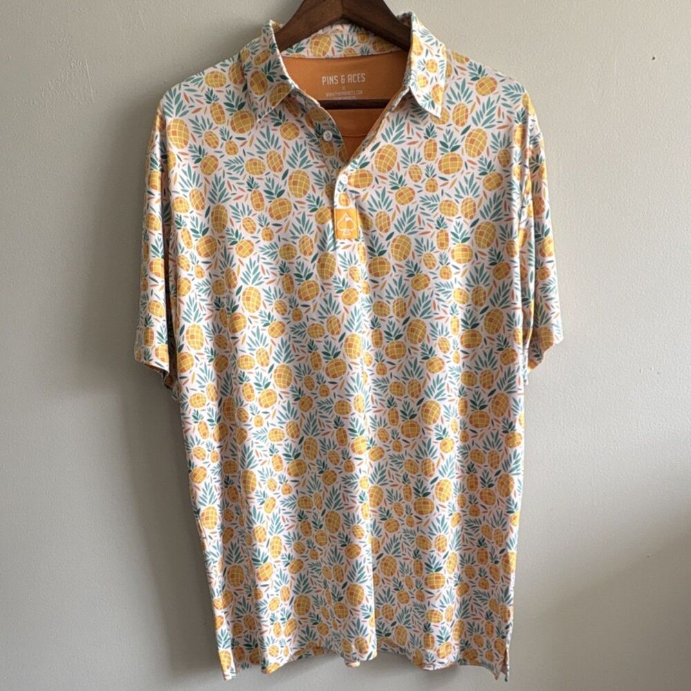 Pins & Aces XL Pineapple Print Golf Polo Performance Stretch Tropical Shirt